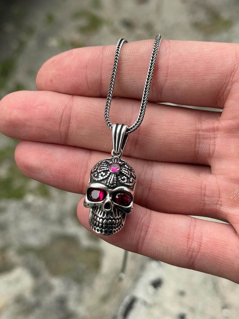Gothic Skull Pendant Necklace with Ruby Gemstones