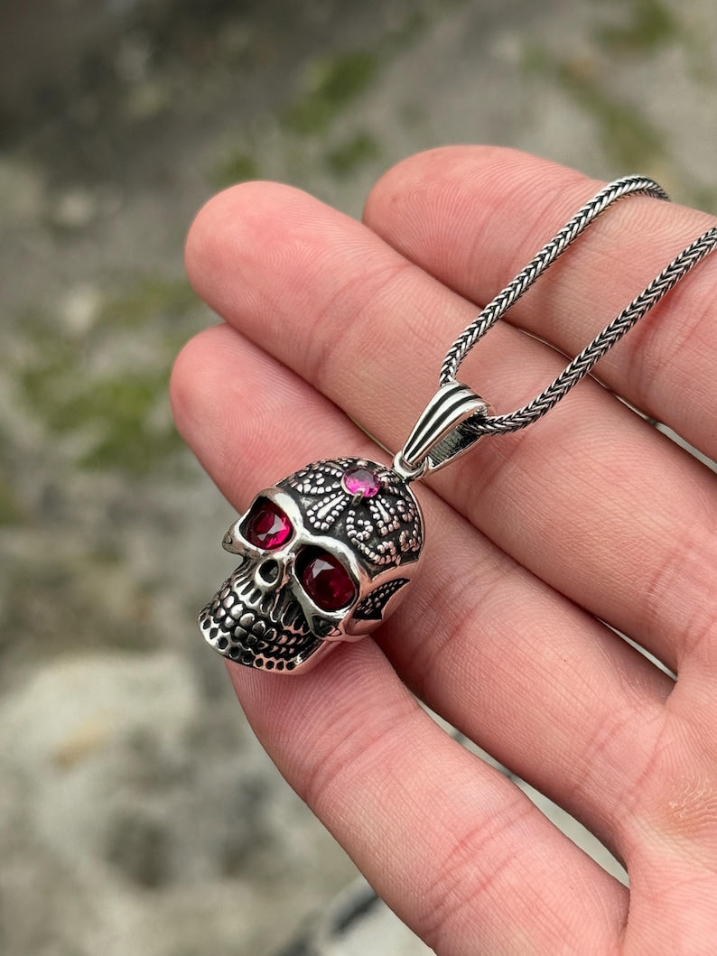 Gothic Skull Pendant Necklace with Ruby Gemstones