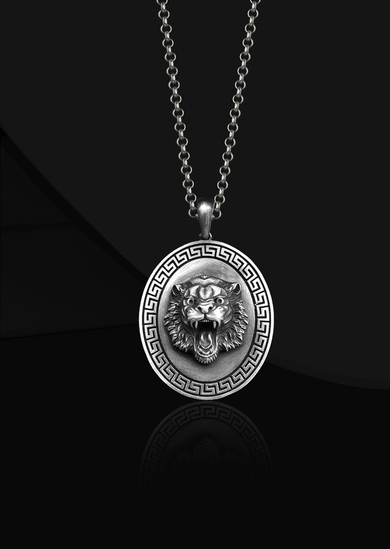Roaring Lion Medallion Necklace in 925 Sterling Silver