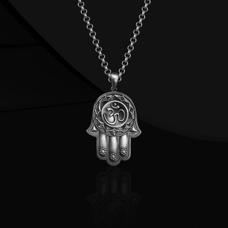 Hamsa Hand Necklace with Om Symbol in 925 Sterling Silver