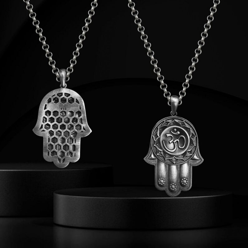 Hamsa Hand Necklace with Om Symbol in 925 Sterling Silver