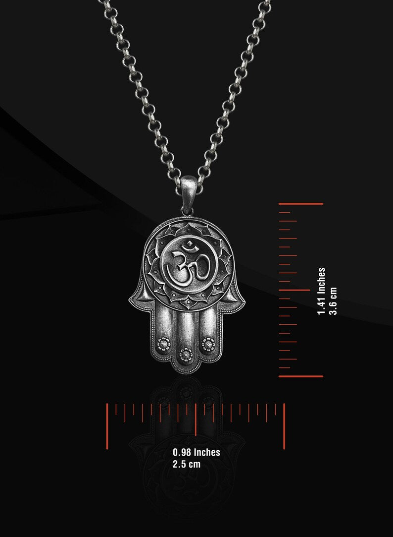 Hamsa Hand Necklace with Om Symbol in 925 Sterling Silver