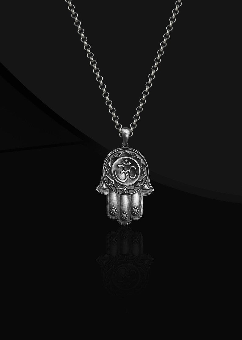 Hamsa Hand Necklace with Om Symbol in 925 Sterling Silver