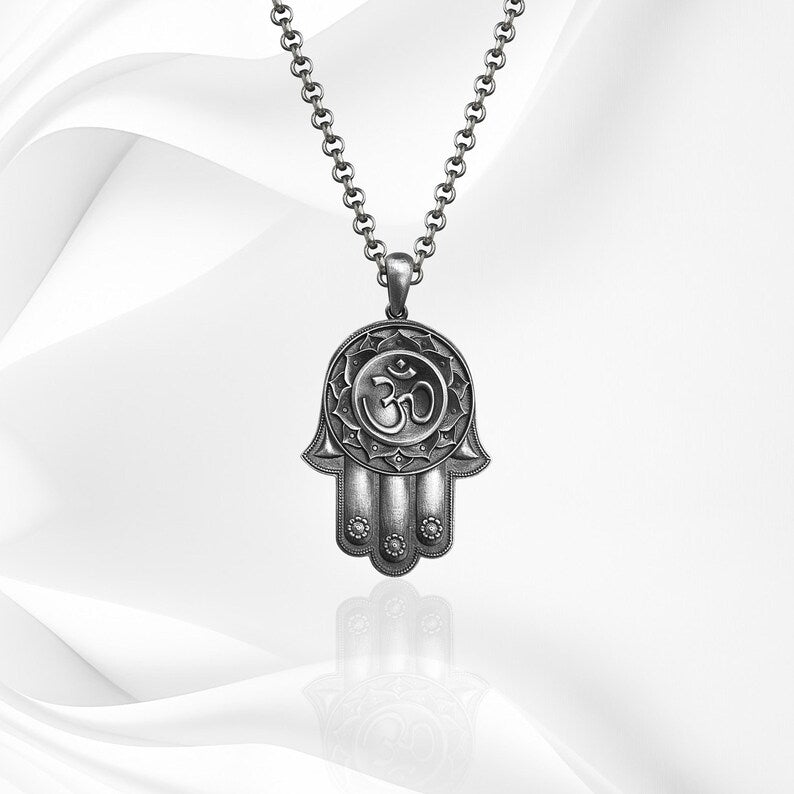 Hamsa Hand Necklace with Om Symbol in 925 Sterling Silver