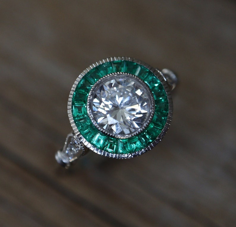 Art Deco Inspired Diamond and Colombian Emerald Halo Ring in 18k White Gold