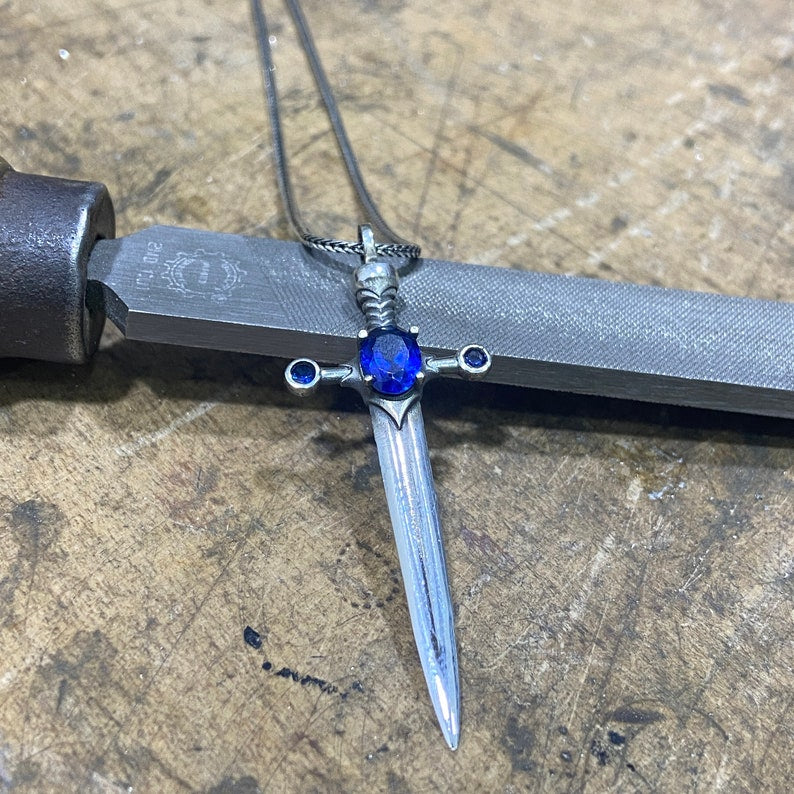 Sterling Silver Sapphire Sword Pendant Necklace