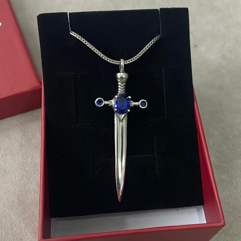 Sterling Silver Sapphire Sword Pendant Necklace