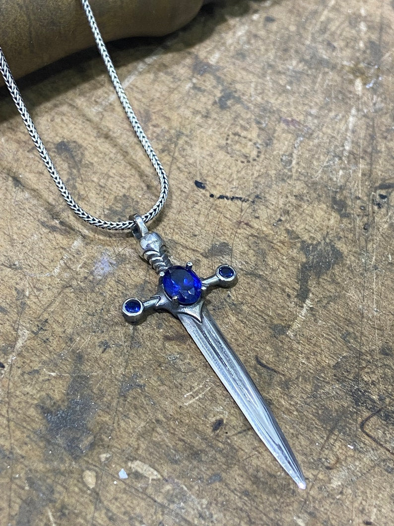 Sterling Silver Sapphire Sword Pendant Necklace