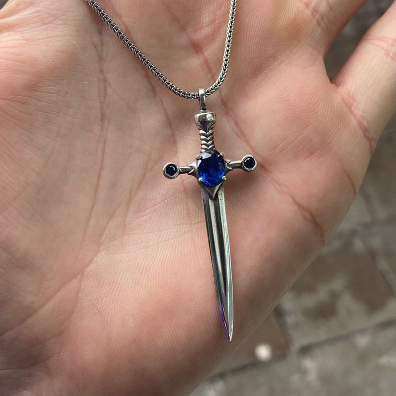 Sterling Silver Sapphire Sword Pendant Necklace