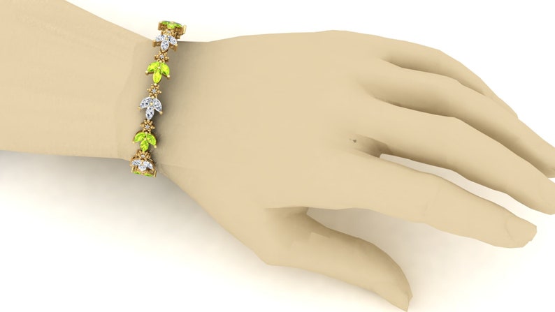 Leaf-Motif Peridot and White Topaz Bracelet in 925 Sterling Silver