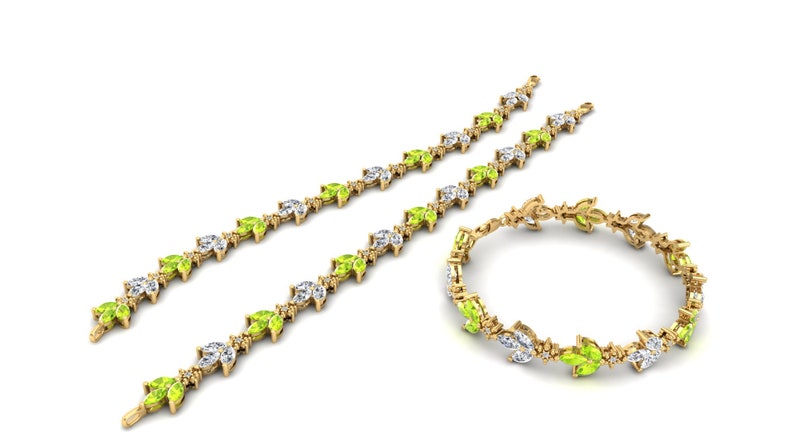 Leaf-Motif Peridot and White Topaz Bracelet in 925 Sterling Silver