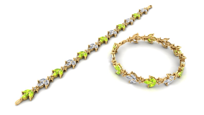 Leaf-Motif Peridot and White Topaz Bracelet in 925 Sterling Silver