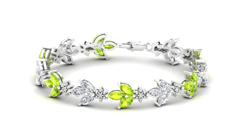 Leaf-Motif Peridot and White Topaz Bracelet in 925 Sterling Silver