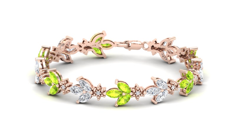 Leaf-Motif Peridot and White Topaz Bracelet in 925 Sterling Silver