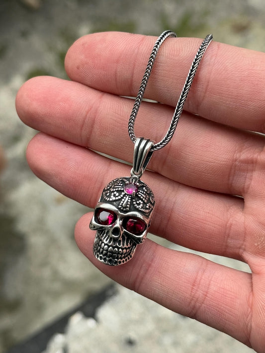 Gothic Skull Pendant Necklace with Ruby Gemstones