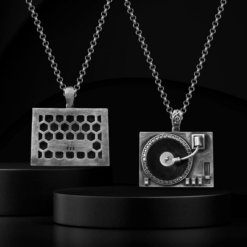 DJ Turntable Pendant Necklace in 925 Sterling Silver
