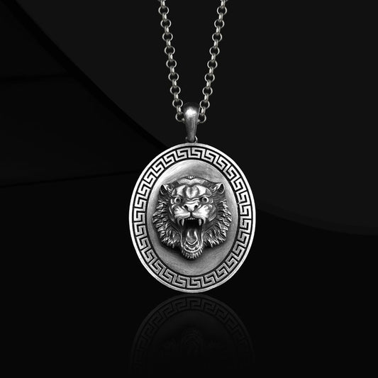 Roaring Lion Medallion Necklace in 925 Sterling Silver