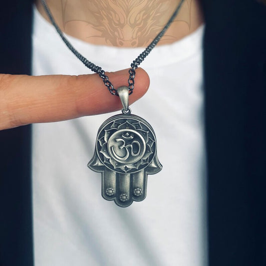 Hamsa Hand Necklace with Om Symbol in 925 Sterling Silver