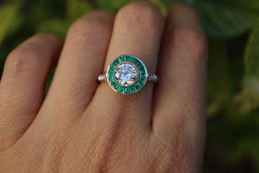 Art Deco Inspired Diamond and Colombian Emerald Halo Ring in 18k White Gold