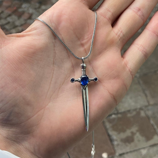 Sterling Silver Sapphire Sword Pendant Necklace