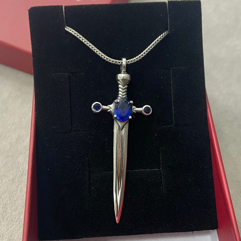Sterling Silver Sapphire Sword Pendant Necklace