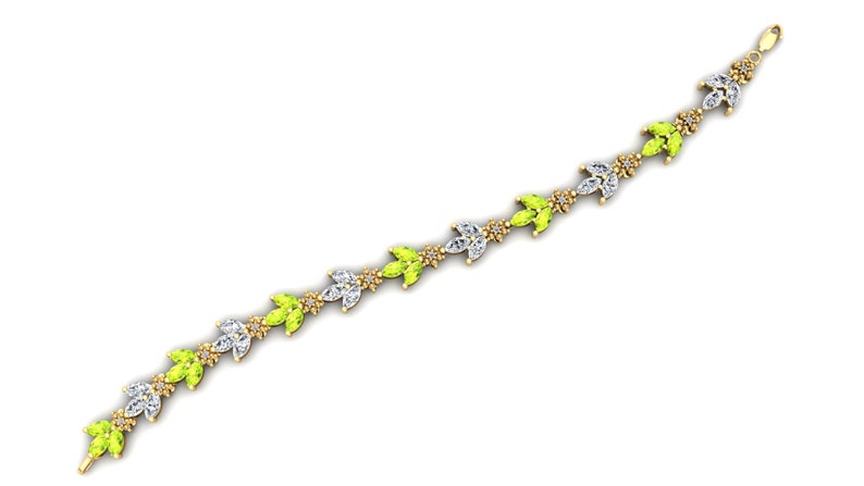 Leaf-Motif Peridot and White Topaz Bracelet in 925 Sterling Silver