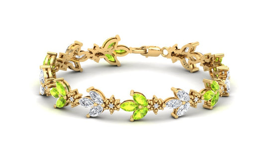 Leaf-Motif Peridot and White Topaz Bracelet in 925 Sterling Silver